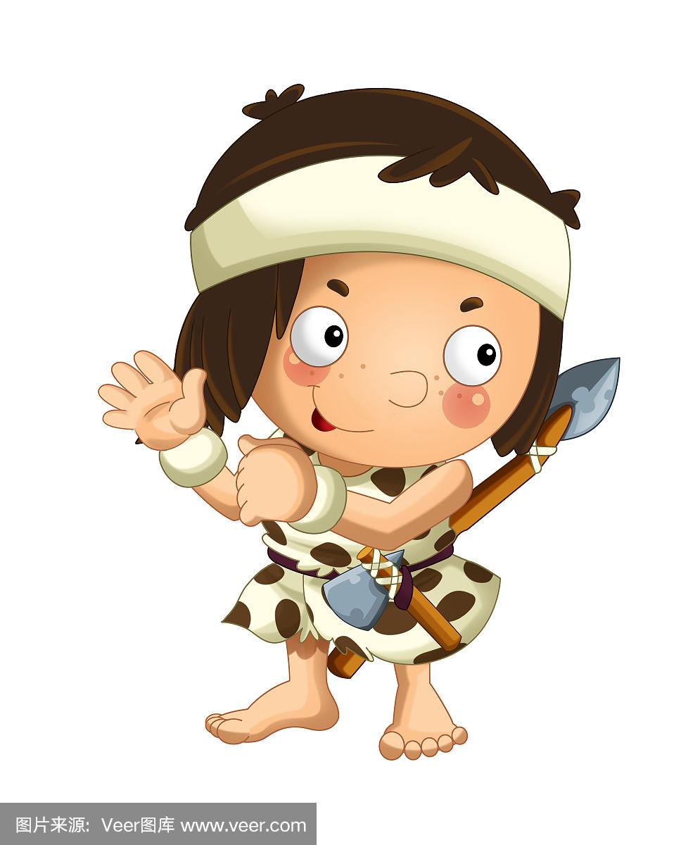 卡通场景与快乐的原始人野蛮战士与矛在白色的背景