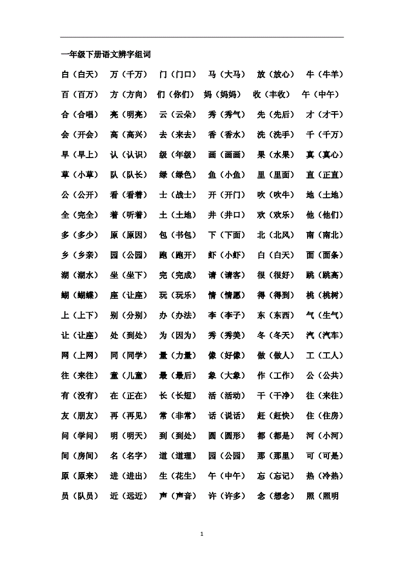 一年级下册语文辨字组词doc1页