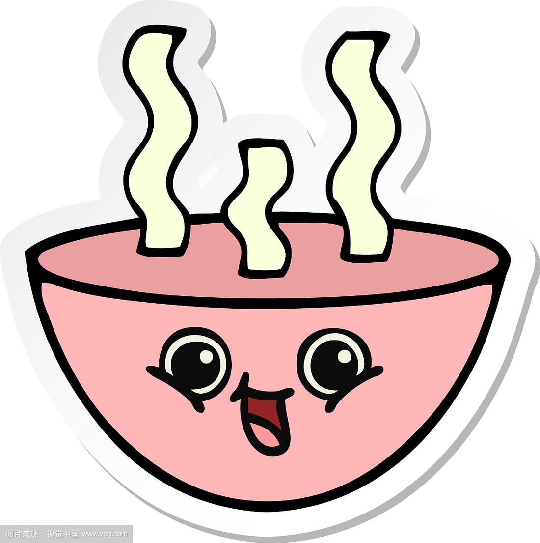 一个可爱的卡通碗热汤贴纸