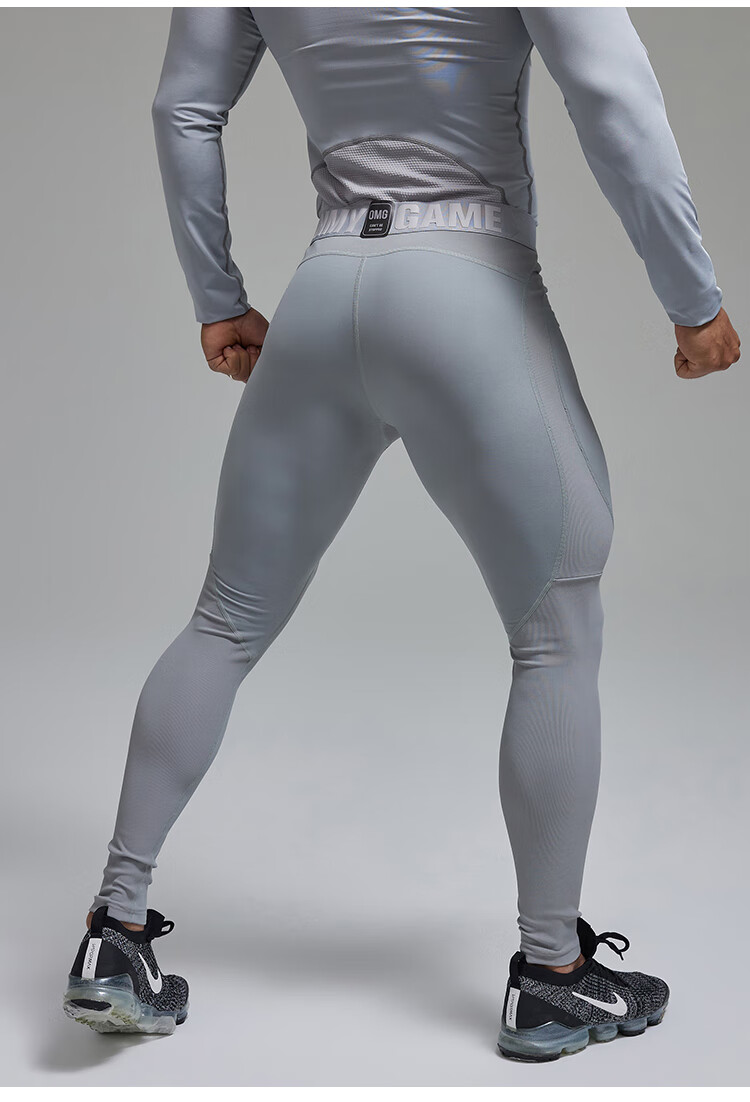 omg潮牌秋冬季锦纶高弹力运动健身训练紧身裤男士速干瑜伽压缩裤灰色