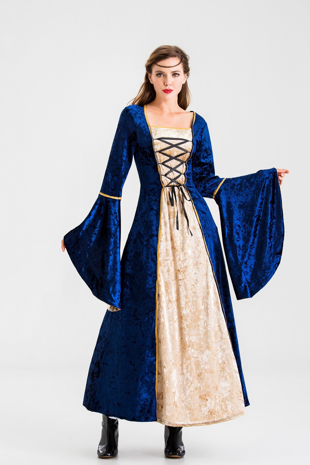 欧式复古宫廷裙欧洲中世纪收腰法式长裙公主贵族礼服英伦风连衣裙