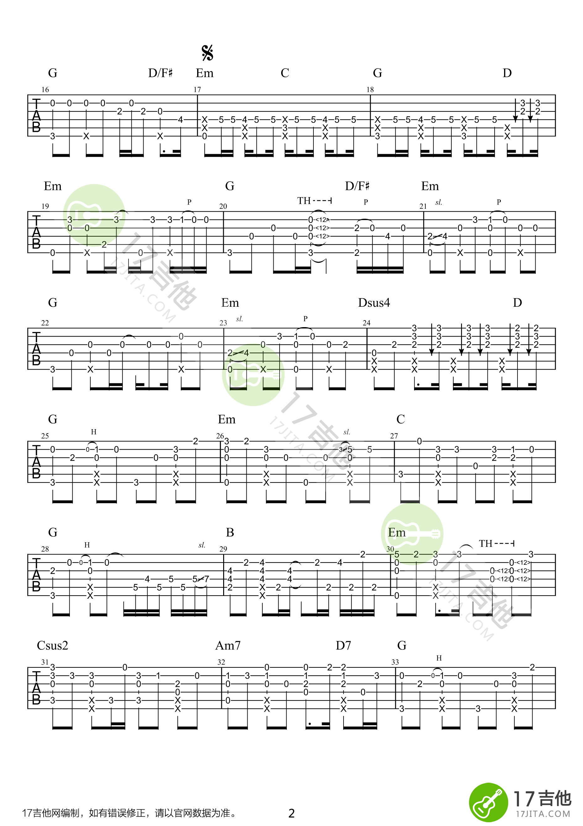 指弹改编周杰伦晴天附高清吉他谱