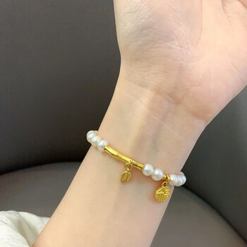 黎珀足金999桃花福牌手链黄金竹节铃花淡水珍珠手串送女友妈妈礼物