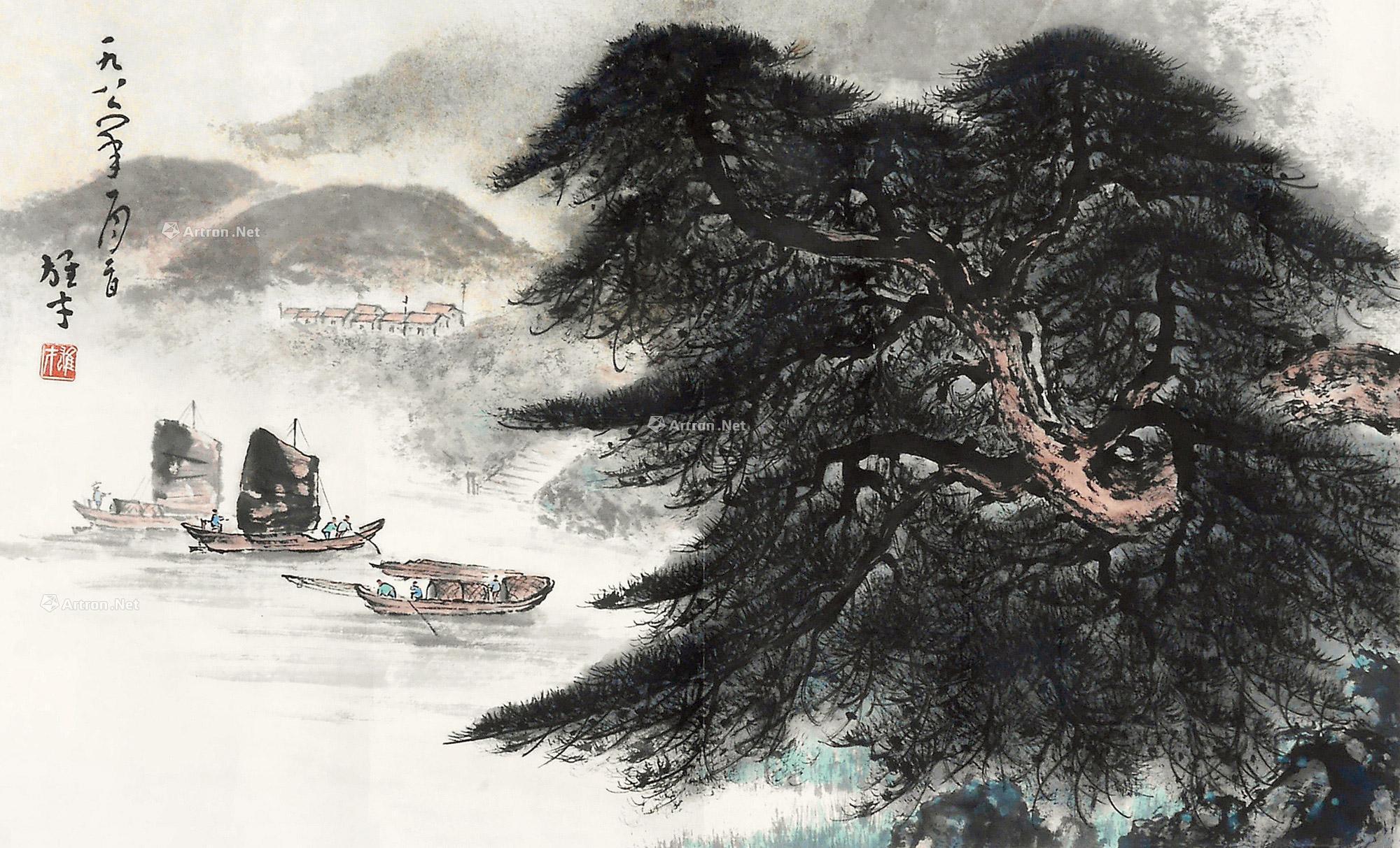 0073江上帆船图镜片设色纸本