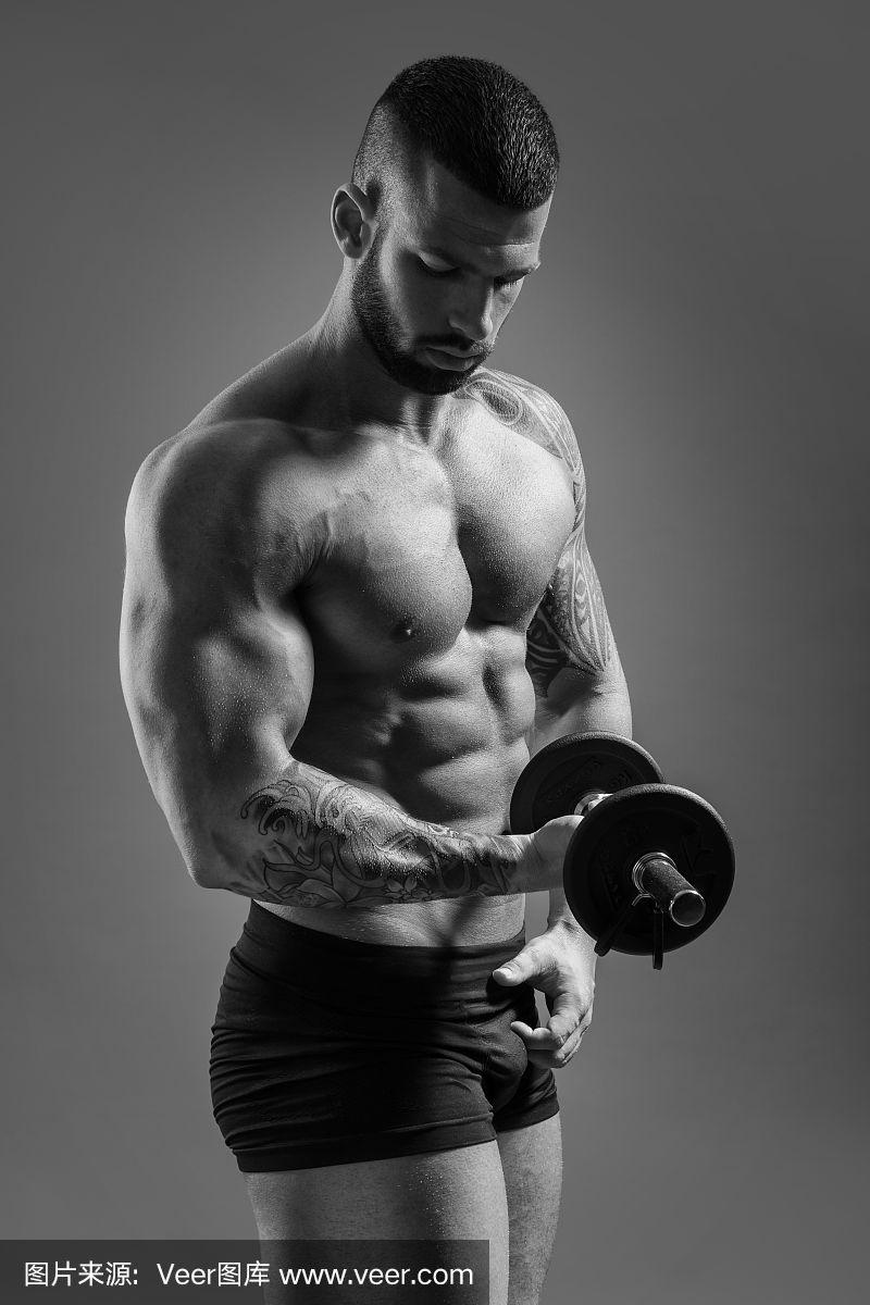 肌肉男-半长,黑白照片