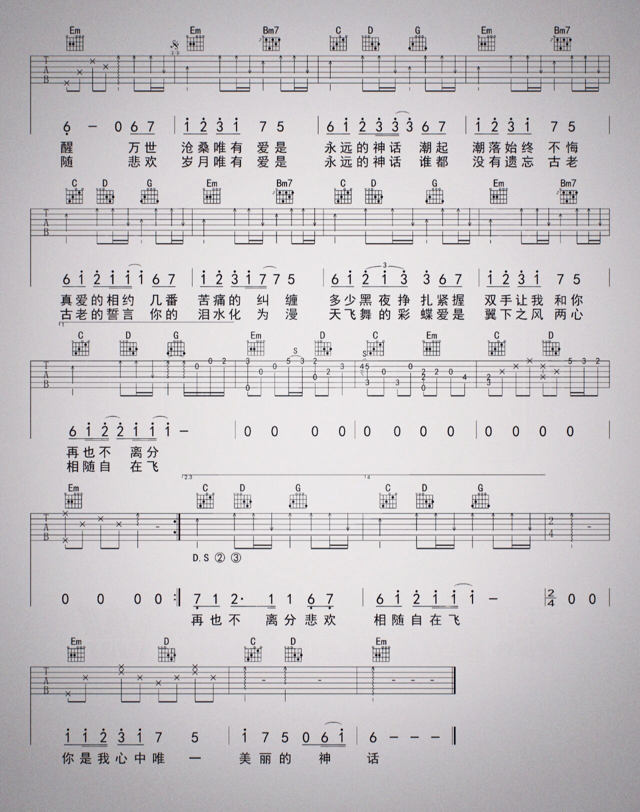 《美丽的神话》吉他谱      适合吉他,超好听的歌曲