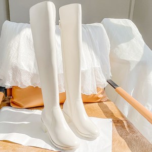 白色过膝长靴女2022年新款粗跟高筒靴长筒网红弹力瘦瘦皮靴女