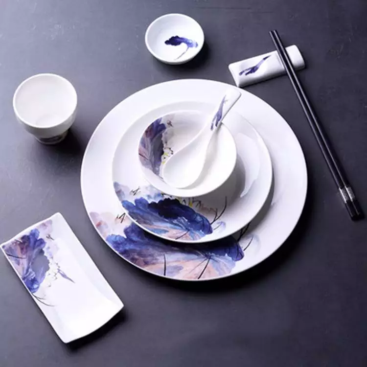 【中式莲花方盘碗盘勺七件套 ***陶瓷酒店包间餐具 豪华饭店会所摆台