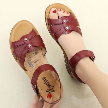 karuyoog妈妈凉鞋皮中老年人女凉鞋夏季低跟平底舒适妈妈鞋老人奶奶