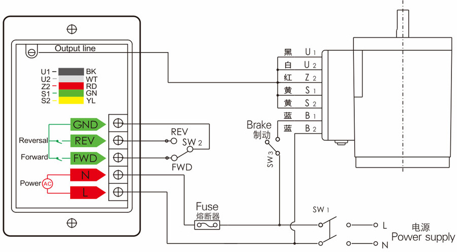 ws-l数显调速器接线方法 ◆ 单向旋转