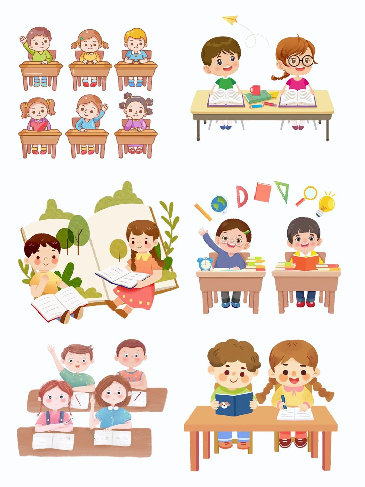 96卡通小朋友上课场景 96上课学习举手回答问题 96热爱学习