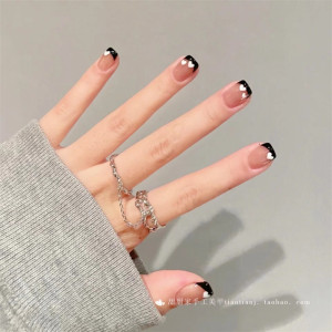假指甲贴片短款法式美甲黑色图片