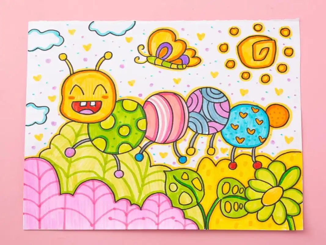 毛毛虫简笔画|儿童创意画.可爱的毛毛虫出来游玩啦!#一起学画 - 抖音