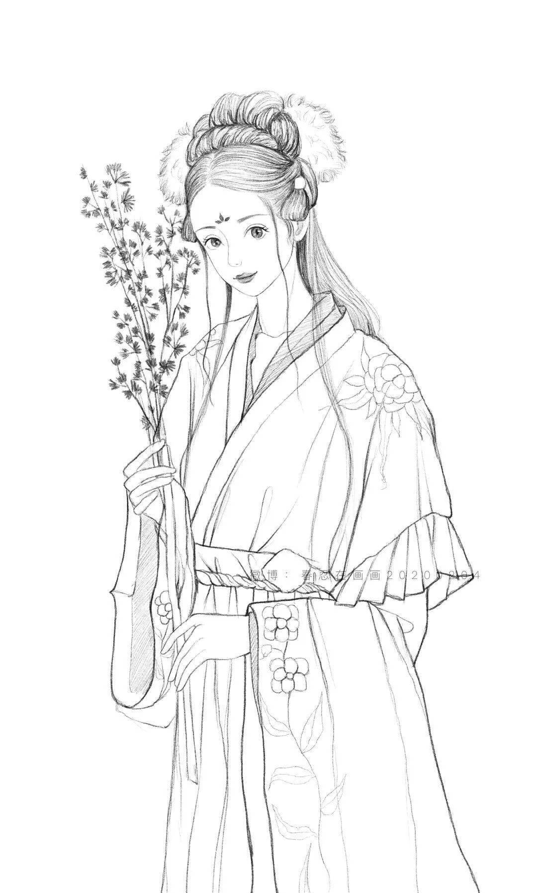 古风汉服人物手绘线稿!(120张效果图线稿合集)_中国