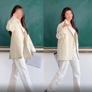 孙毛毛抖音同款米色一粒扣宽松西服外套时尚高腰牛仔裤女夏季新款