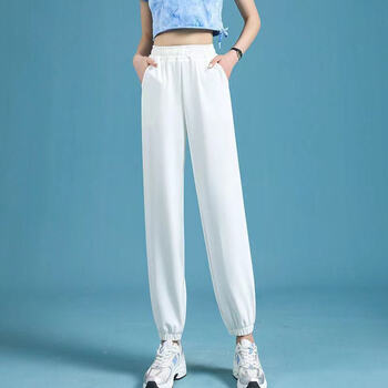 耿锐女装运动裤女夏季薄款2022高腰显瘦束脚加长款宽松哈伦白色裤子