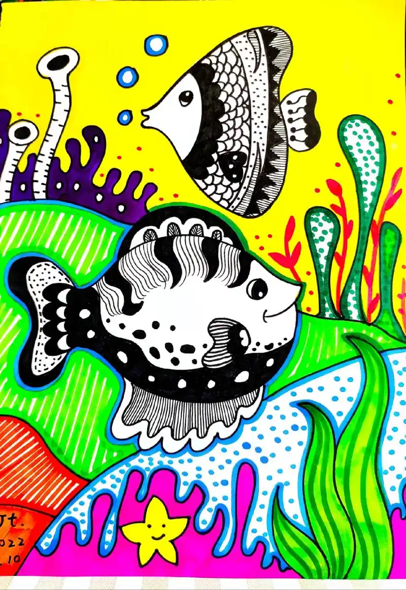 线描海底世界小鱼来喽#少儿美术 #少儿创意美术 #儿童画 # - 抖音