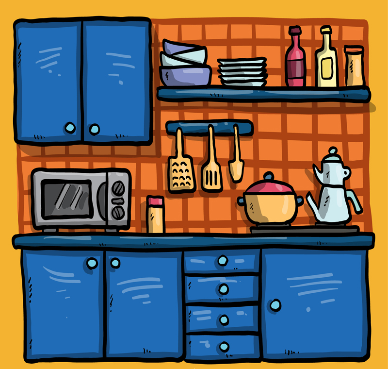 卡通蓝色厨房设计矢量素材