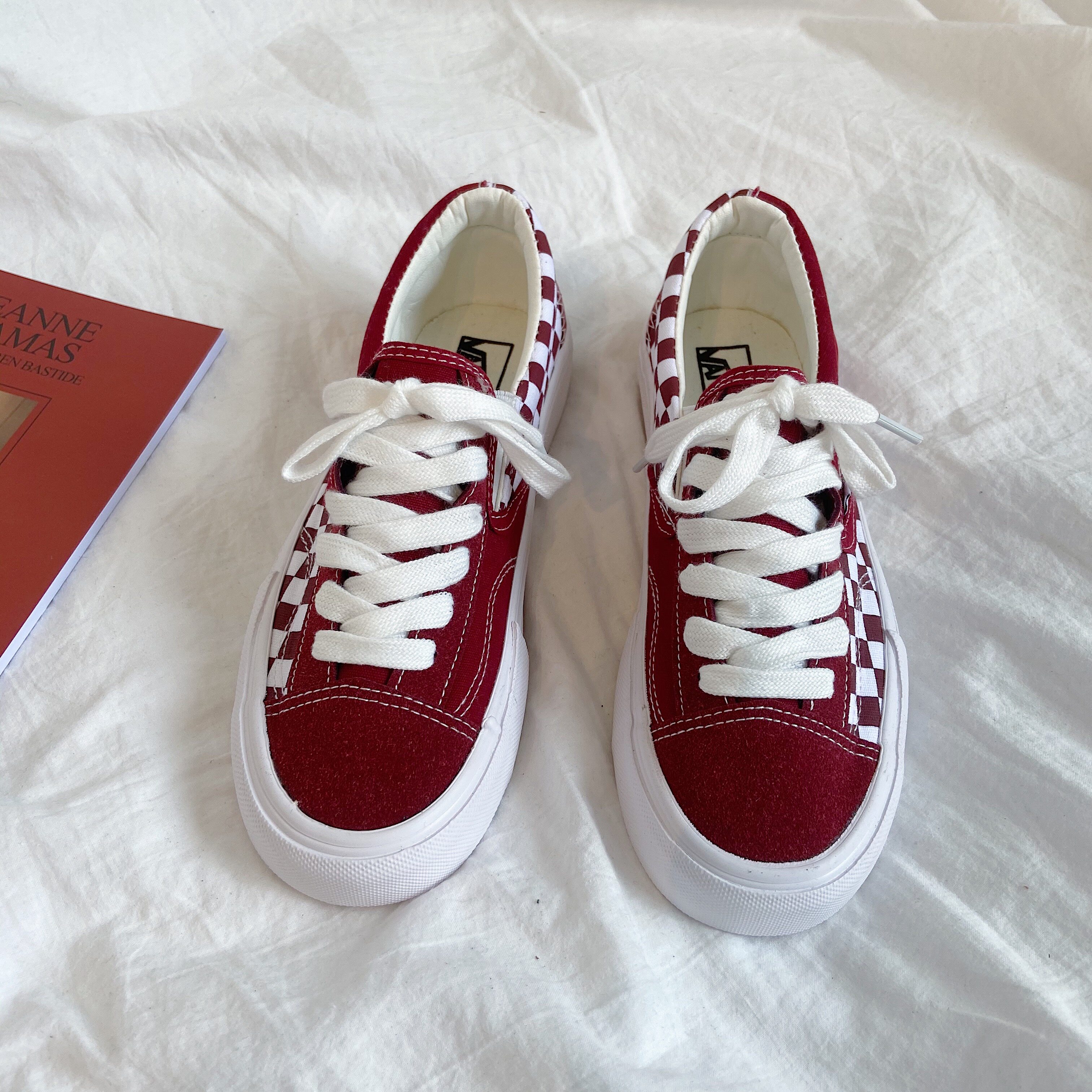 兔兔宋ins复古港味一脚蹬格子酒红色板鞋女ulzzang百搭学生帆布鞋