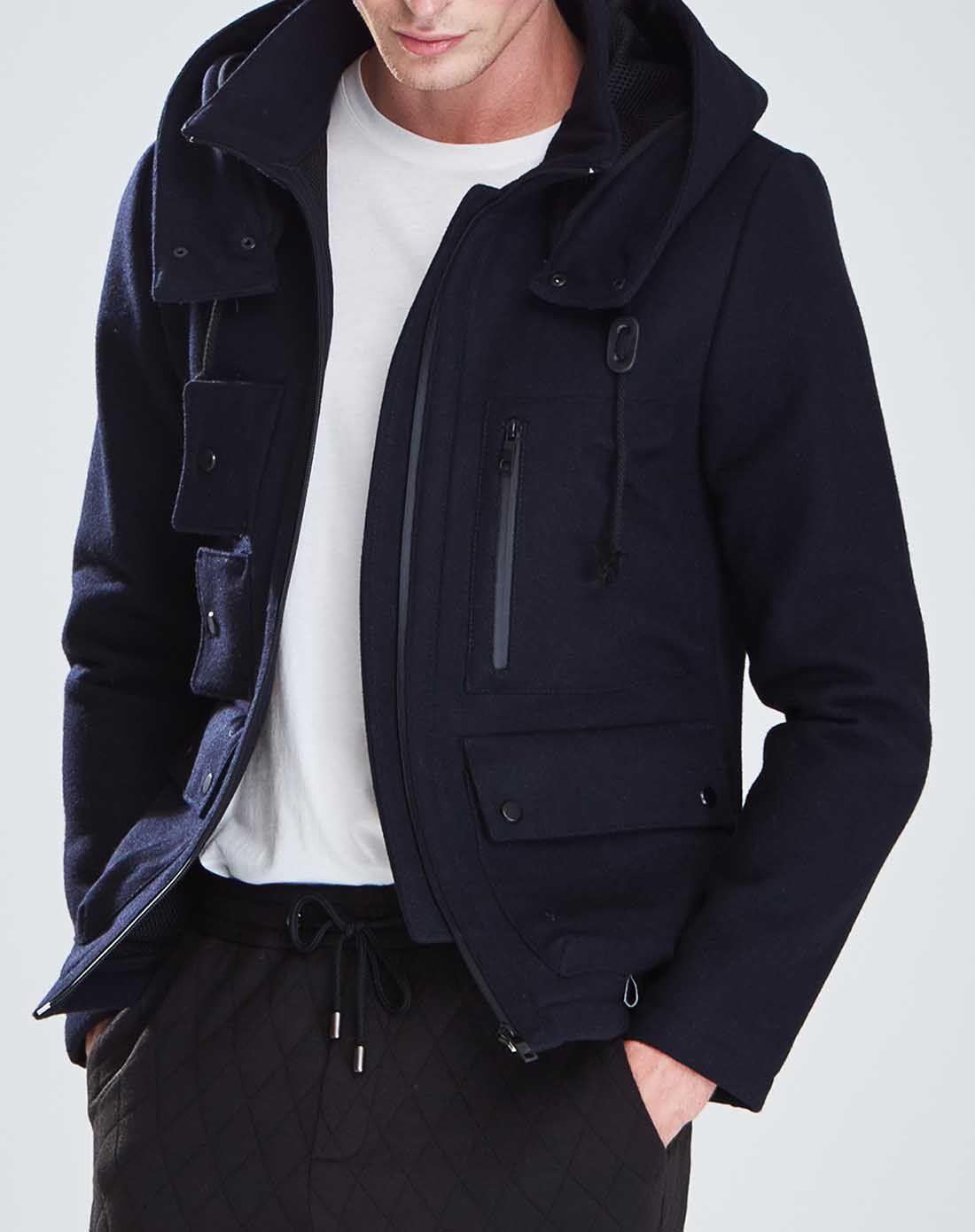 深藏蓝欧美时尚纯色连帽外套