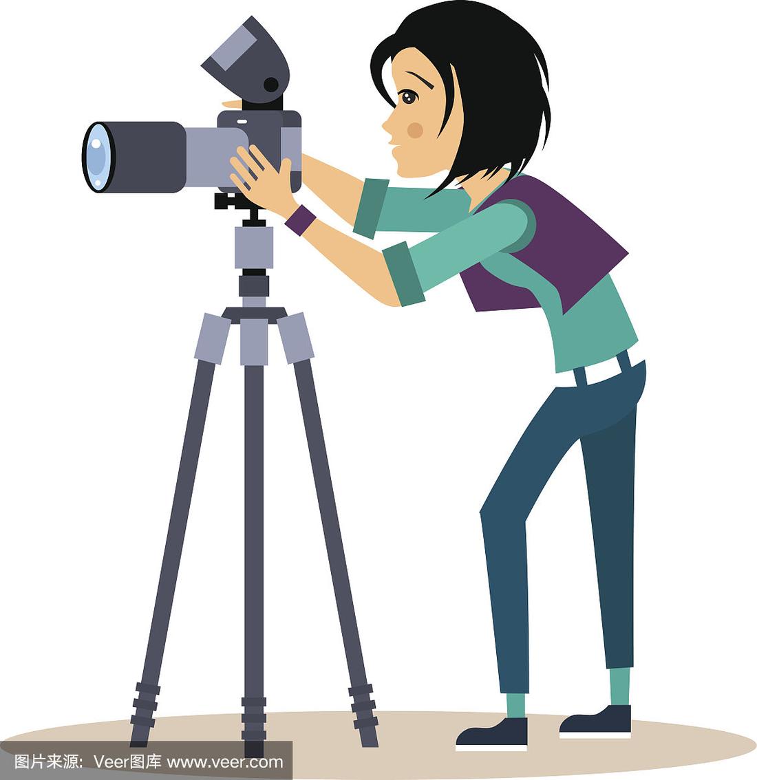 女孩摄影师与三脚架在平风格.矢量图