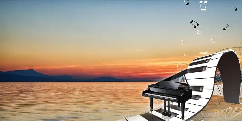 黄色简约风海夕阳钢琴音乐音乐会音符场景背景展板