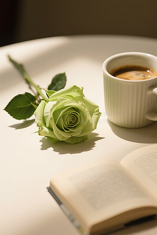 玫瑰花放在桌子旁边放着一杯咖啡和书