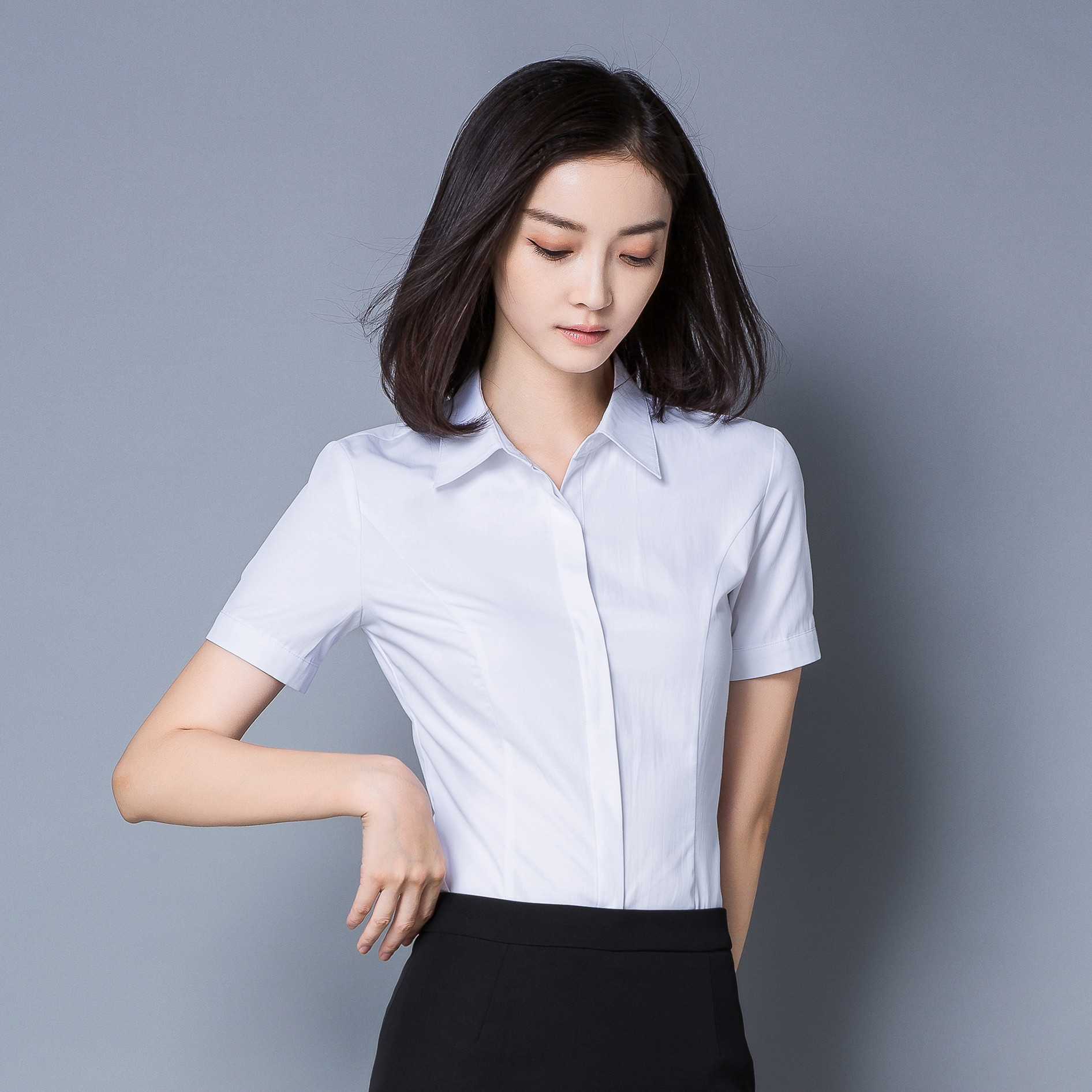2023春季新款白衬衫女短袖韩版修身棉不透学生面试酒店职业装工服