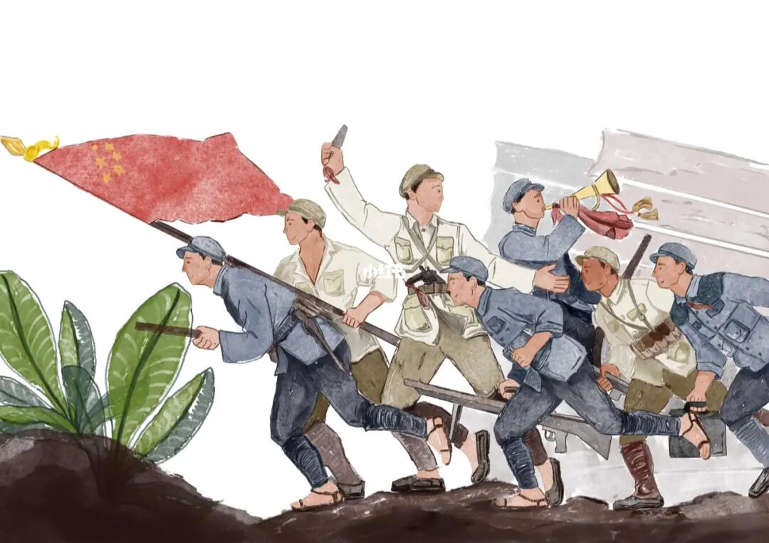 英雄纪念碑为题材,胜利渡长江,解放军战士们高举着红旗,吹起冲锋号,向