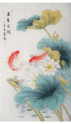 三尺工笔画国画工笔荷花鱼《连年有鱼》工笔画