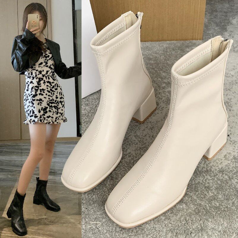 女白皮靴子小短靴女2021秋冬季新款马丁靴法式瘦瘦靴薄款粗跟单靴