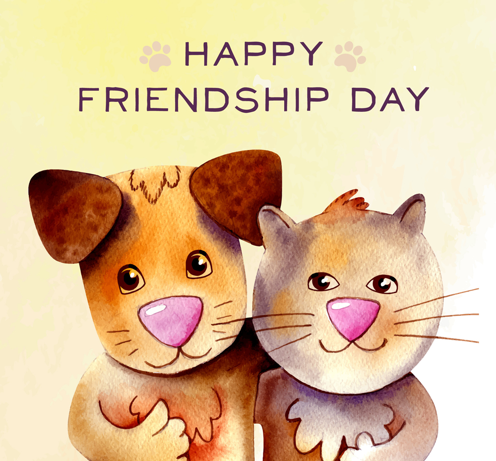 水彩绘友谊日猫狗矢量素材