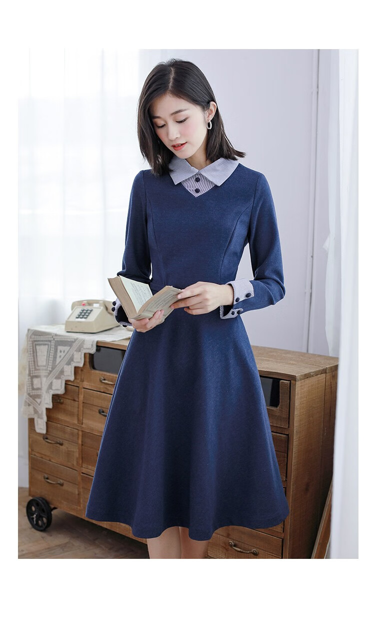勿忘花针织连衣裙女装冬季新款中长款气质衬衫裙职业长袖裙子 深蓝色