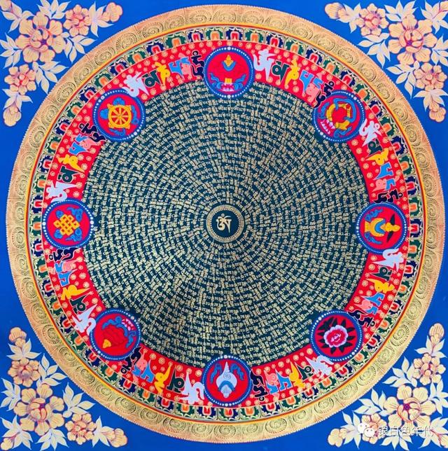 (六字真言咒轮,尺寸70x70厘米,布面设色,矿物颜料,24k黄金,rmb   1680