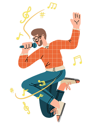 手绘音符拿着麦克风尽情欢乐唱歌的男士插画