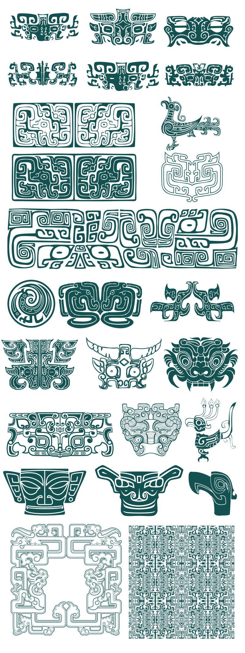 80款中国风古典图案三星堆青铜器花纹饕餮纹样设计ai矢量素材