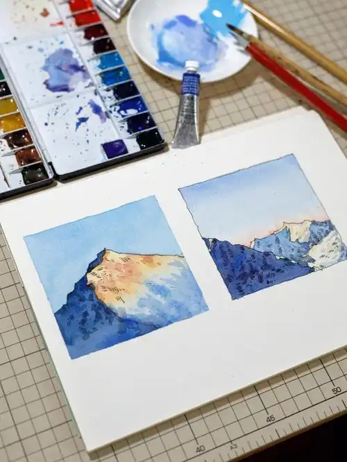 钢笔淡彩小色稿被阳光照射的雪山步骤图