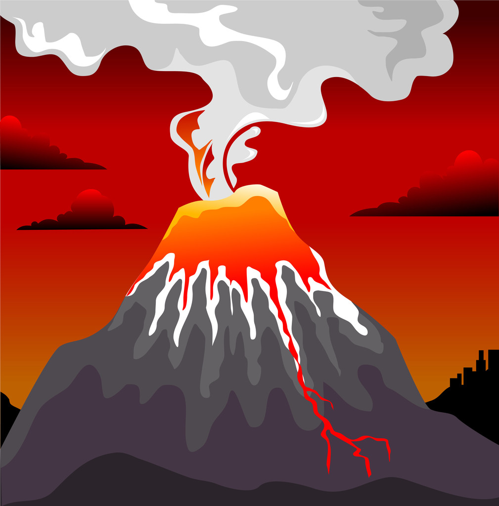 火山,红色的天空, 矢量和插图背景上火山喷发