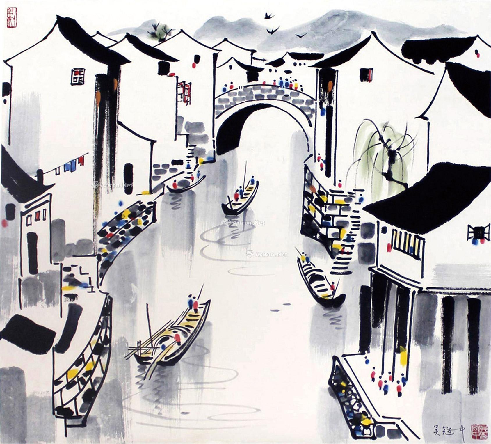 【江南水乡图 (一件) 立轴 设色纸本】拍卖品_图片_价格_鉴赏_绘画