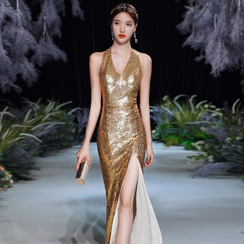 挂脖晚礼服裙女金色亮片片长款宴宴会气质高端礼服