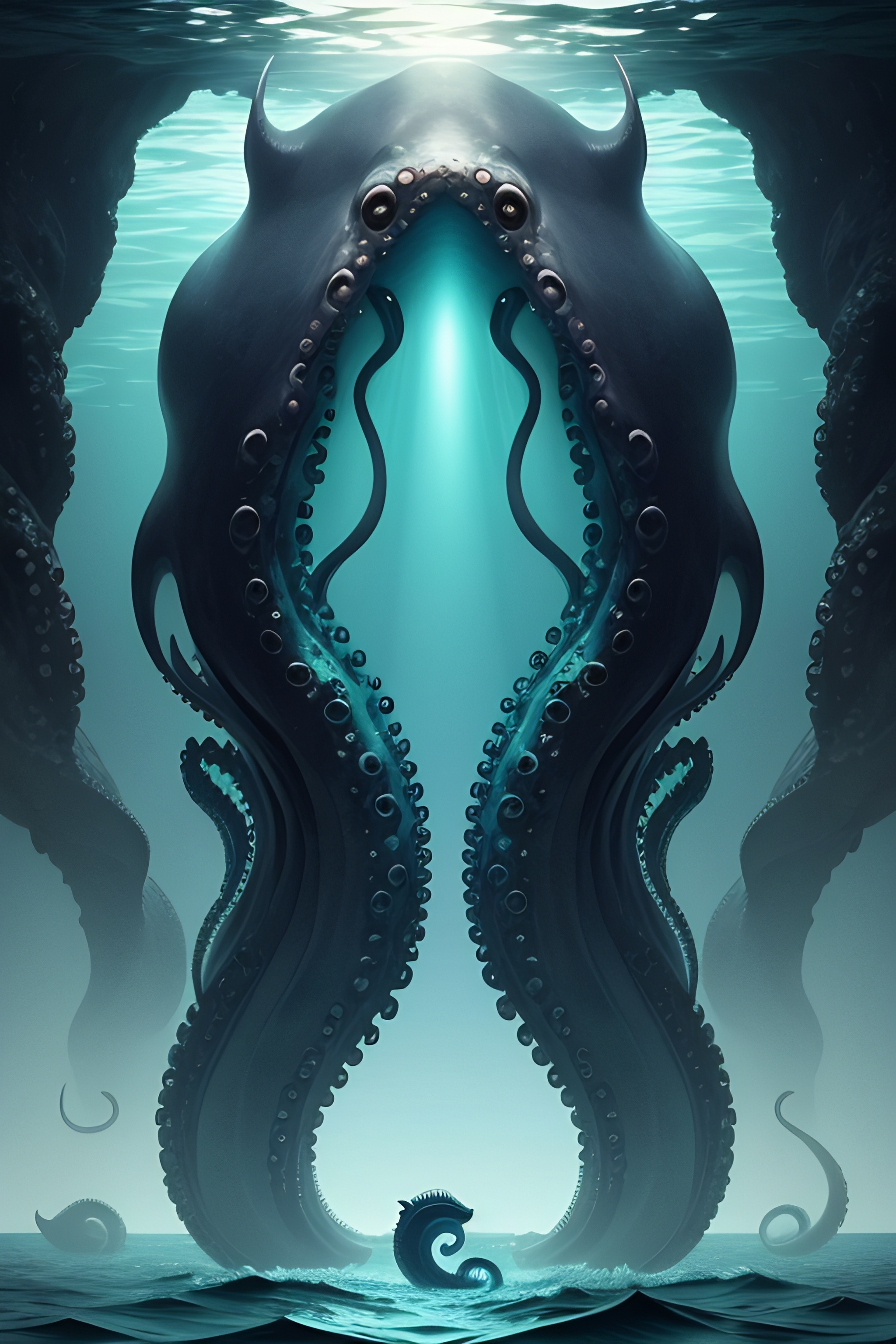 海怪章鱼站在黑色的海水中,一双巨大的眼睛正在看着你.