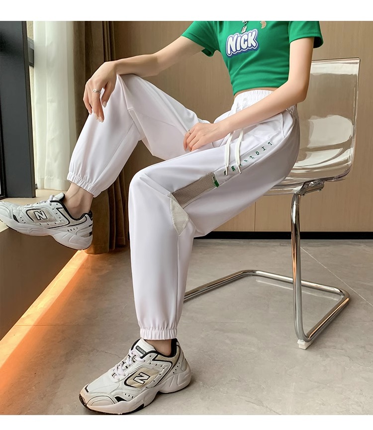 冰丝速干裤女款夏季薄款宽松束脚运动裤网纱拼接高腰显瘦哈伦裤子