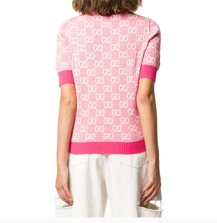 gucci/古驰 女士粉红色羊毛gg提花圆领短袖毛衣针织衫 629456-xkbhq