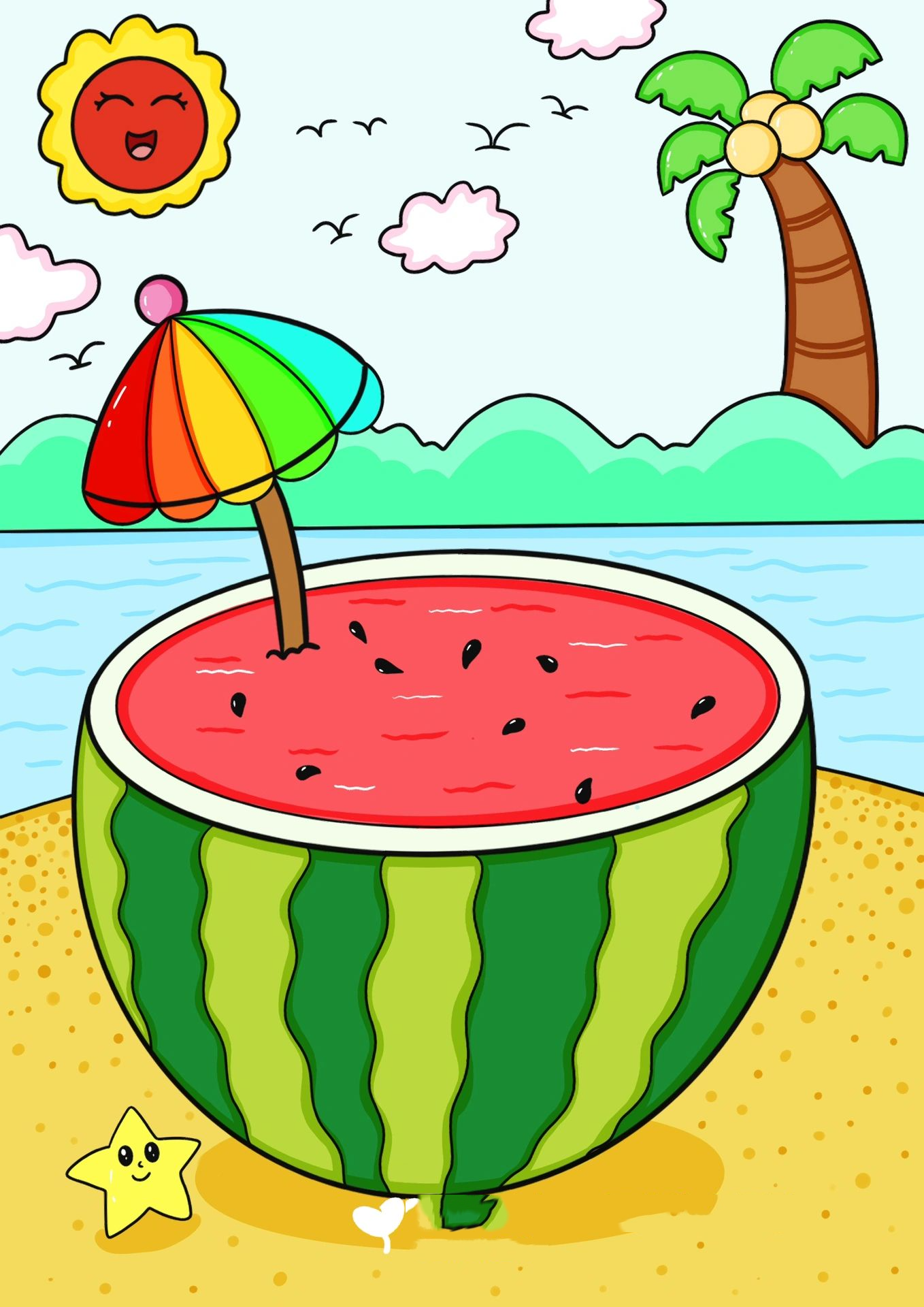 夏日西瓜儿童画 海边西瓜创意画
