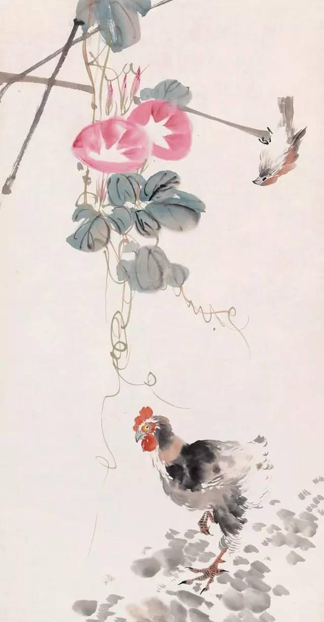 王雪涛先生笔下的牵牛花与小公鸡,构思新颖