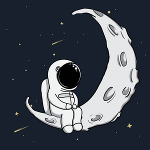 在登月之后回来秋千上的太空人与月亮船可爱的宇航员用月亮当气球飞行