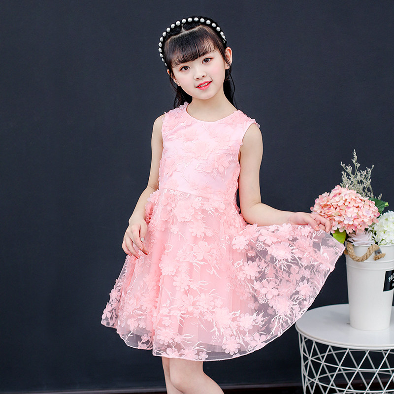 女童连衣裙夏装儿童大童洋气公主裙子小女孩粉色背心无袖网纱群