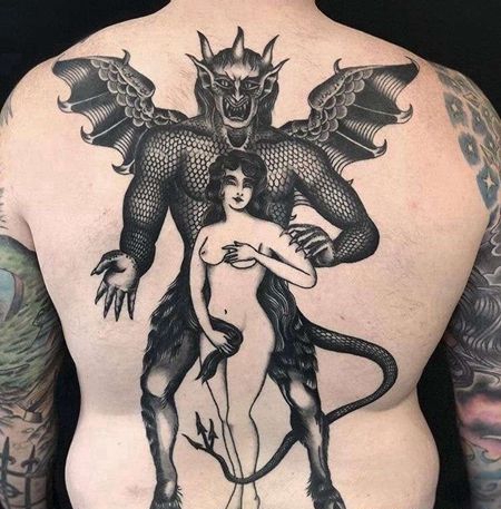 oldschool后背女人恶魔纹身图案