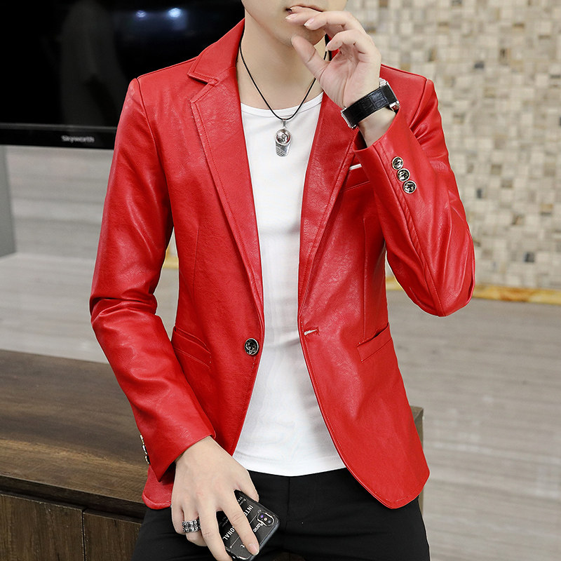 红色西装外套男休闲2021新款韩版修身男装秋季帅气单件小西服皮衣