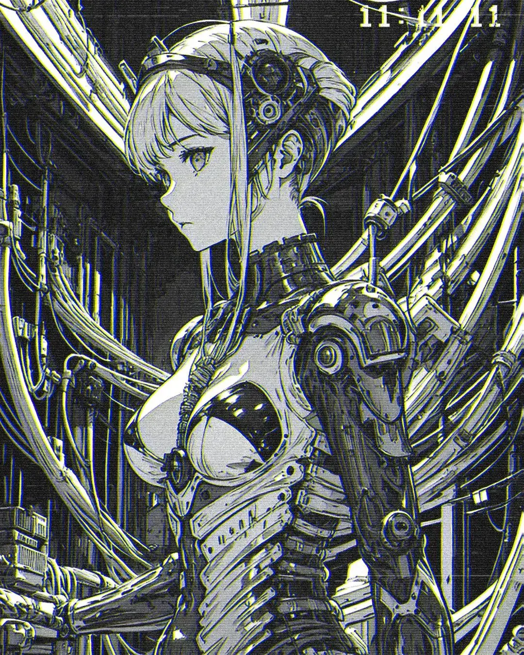 一组攻壳机动队风格的动漫人物黑白插画,描绘了义肢化的少女战士.